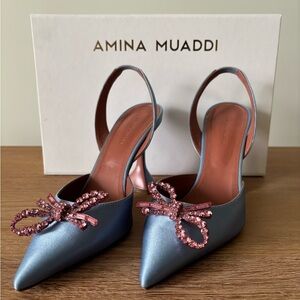 AMINA MUADDI Rosie Satin Sling Heel in Powder Blue & Light Rose Crystals 37 1/2
